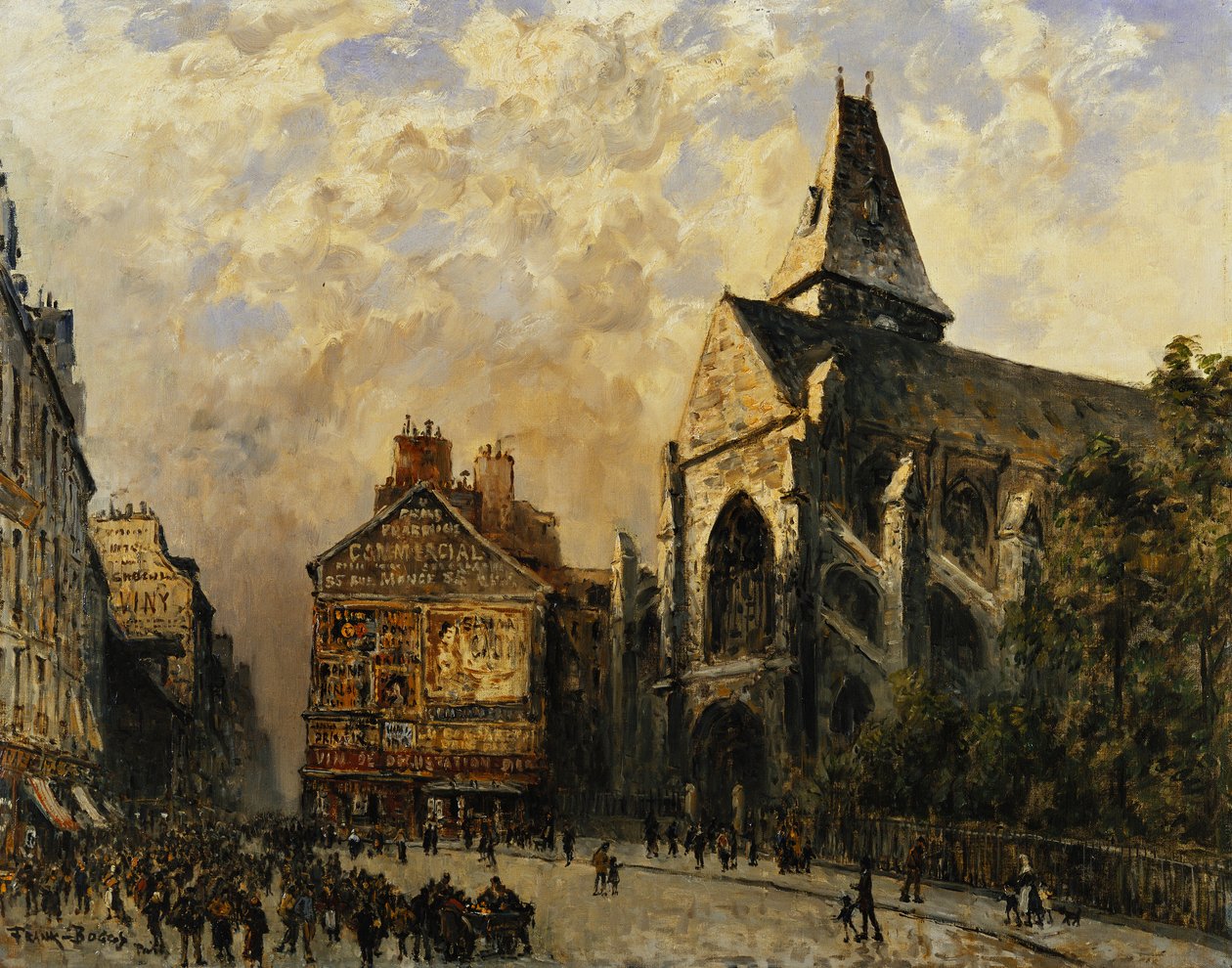 Gatubild bakom Saint Medard-kyrkan, Paris; Gatubild framför kyrkan Saint-Medard, Paris, av Frank Myers Boggs
