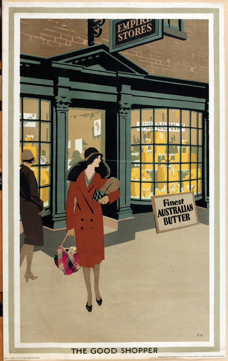 The Good Shopper, ur serien "Empire Buying Makes Busy Factories" (färglitografi) av Frank Newbould
