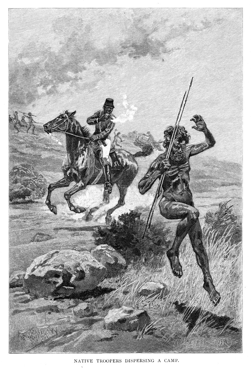 Infödda trupper som sprider ett läger, Australien, 1886. av Frank P. Mahony