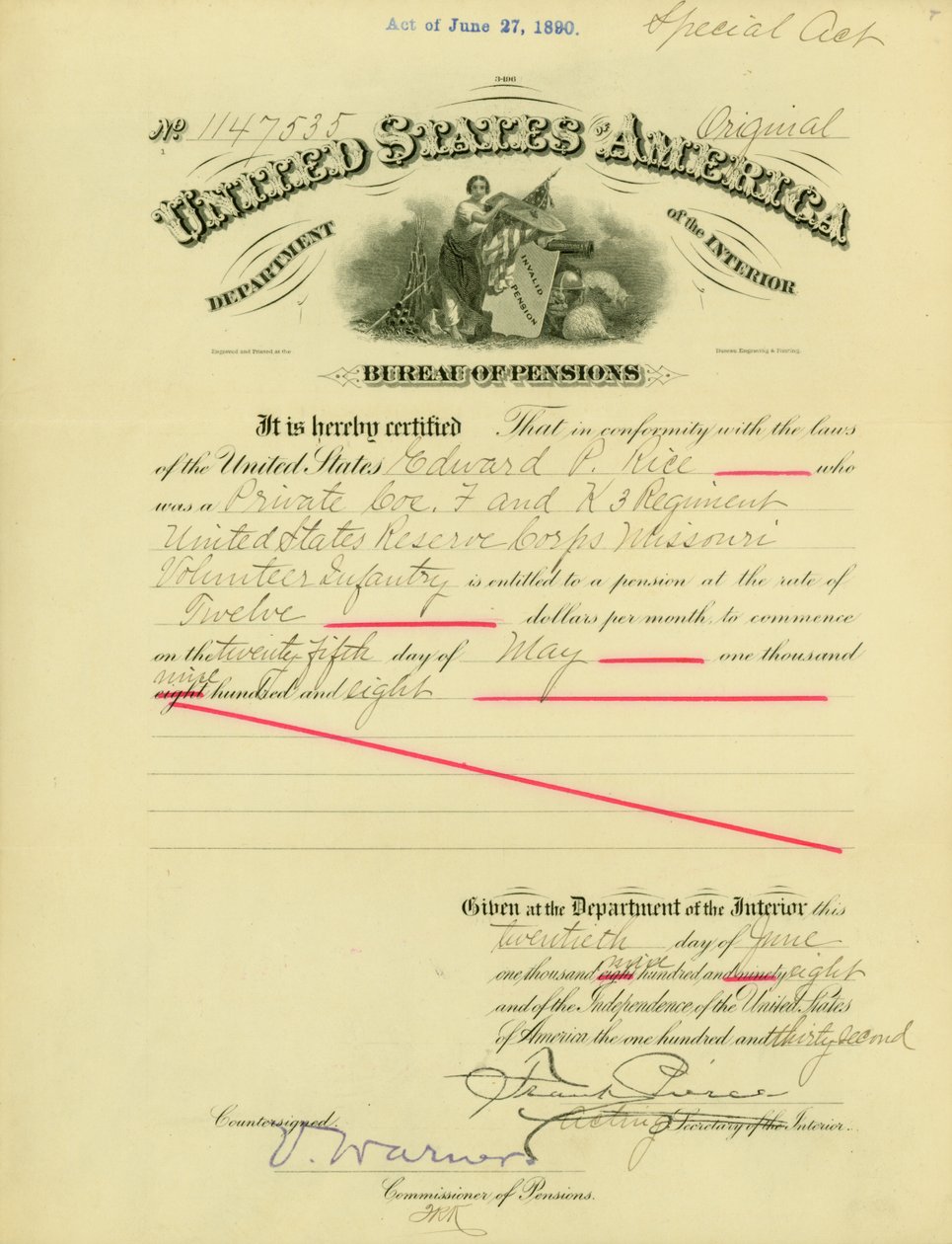 Notice of right of pension to Edward Parker Rice, June 20, 1908 av Frank Pierce