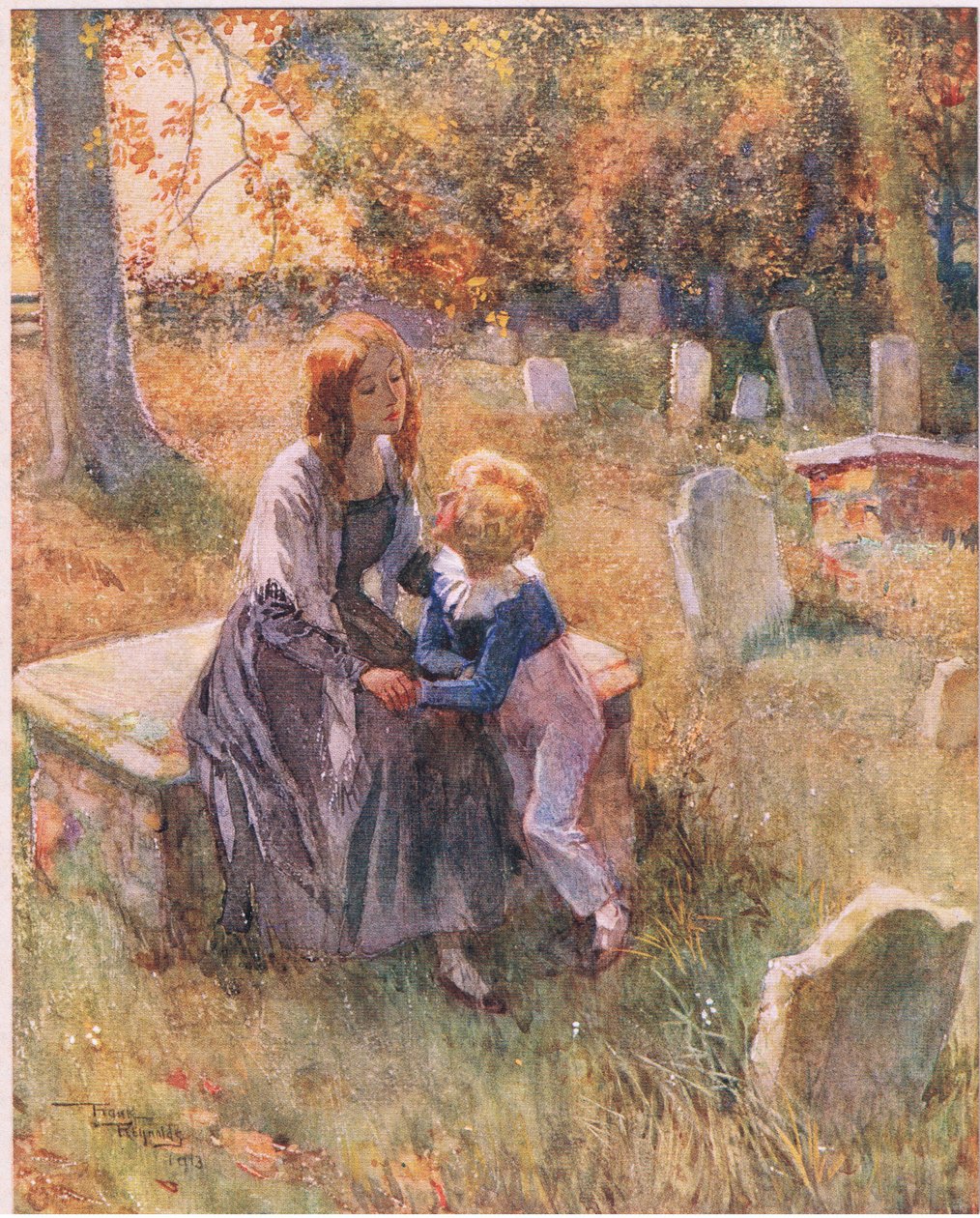 "Lämna oss inte, Nell, även om himlen är ljus. Lämna oss inte!", ca 1920 (färglitografi) av Frank Reynolds