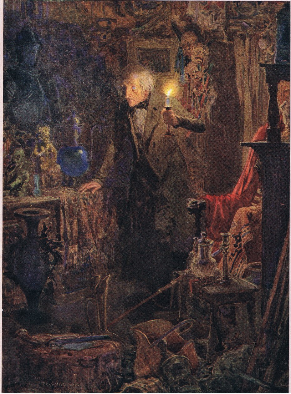 Han var en liten gammal man med långt grått hår, vars ansikte och figur, när han höll ljuset över huvudet och tittade framför sig, ca 1920 (färglitografi) av Frank Reynolds