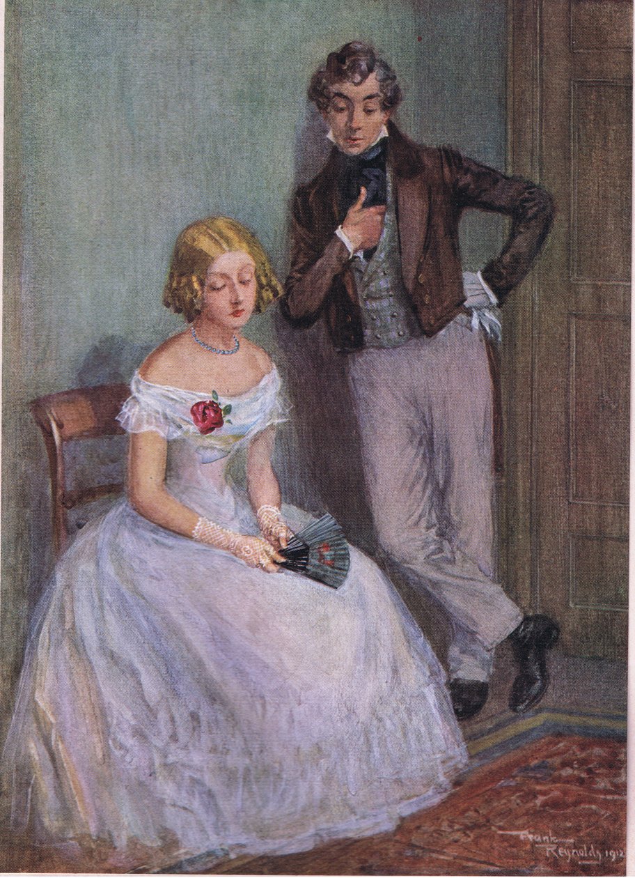 "Jag är säker på att jag inte vet vad du menar, Mr Swiveller", sa Miss Sophy med nedslagna ögon , ca 1920 (färglitografi) av Frank Reynolds