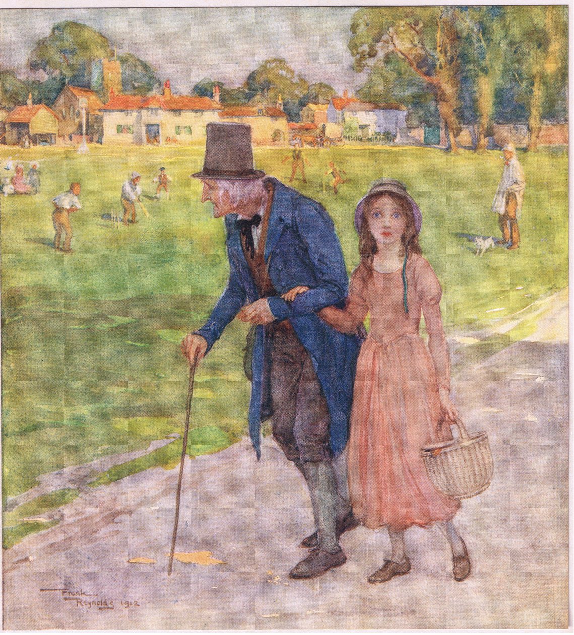 Det var en mycket liten plats. Männen och pojkarna spelade cricket på gräsmattan, ca 1920 (färglitografi) av Frank Reynolds