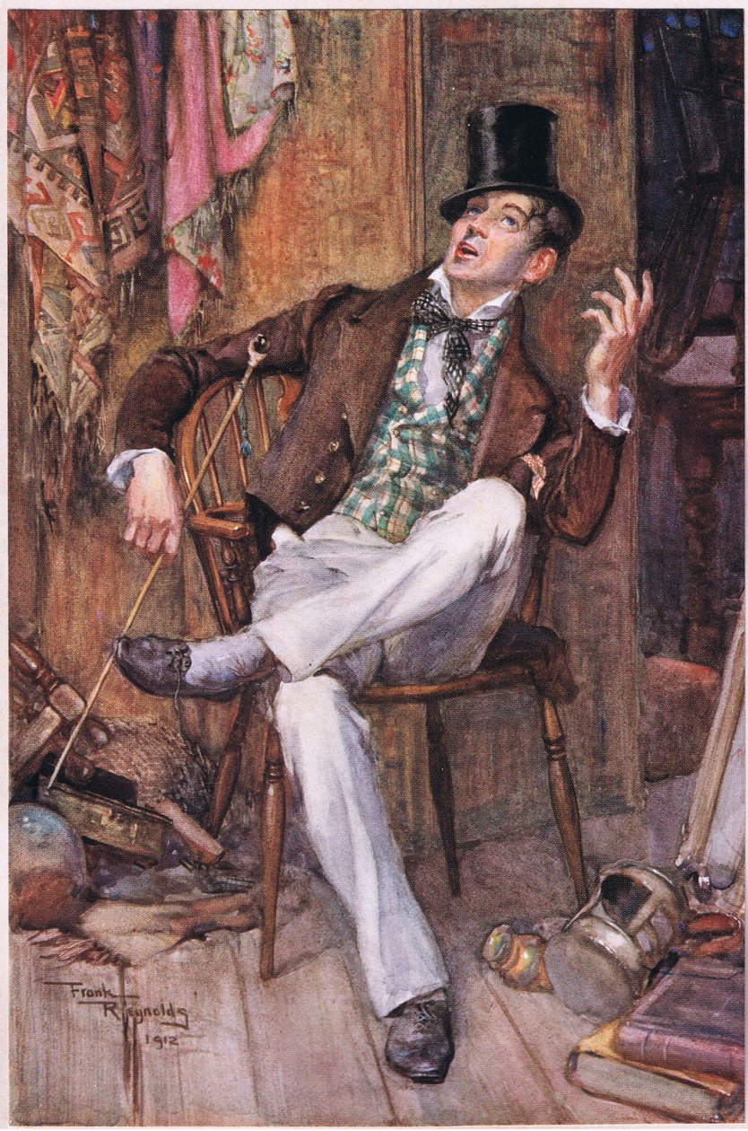 Mr Swiveller lutade sig tillbaka i sin stol med blicken fäst i taket och höjde ibland rösten till en nödvändig ton, ca 1920 (färglitografi) av Frank Reynolds