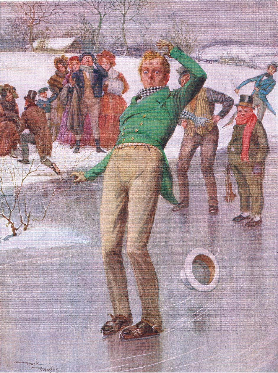 Mr Winkle på isen (Pickwick Papers) (färglitografi) av Frank Reynolds