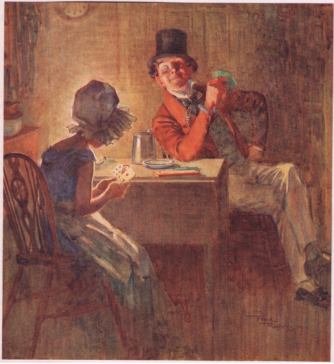 Markisinnan håller sina kort mycket hårt i båda händerna och funderar på vilka hon ska spela, ca 1920 (färglitografi) av Frank Reynolds