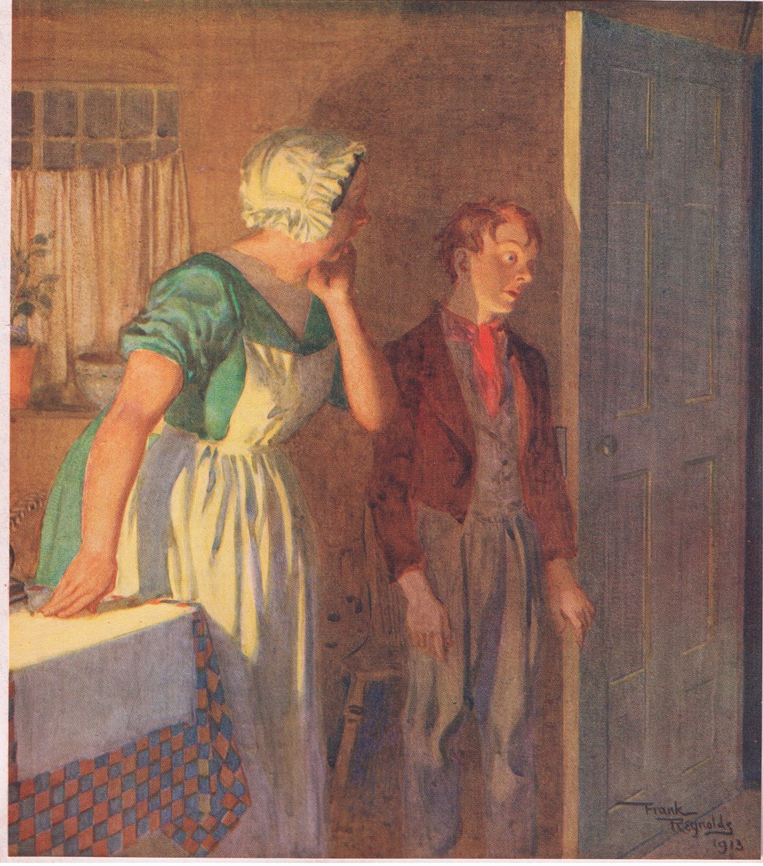 Barnet skyndade till dörren och försvann lika snabbt som hon hade kommit, ca 1920 (färglitografi) av Frank Reynolds