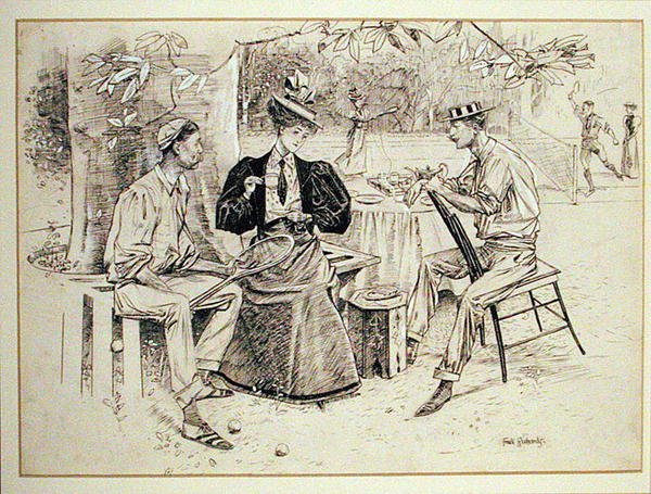 Te och tennis (penna och bläck med kroppsfärg på papper) av Frank Richards