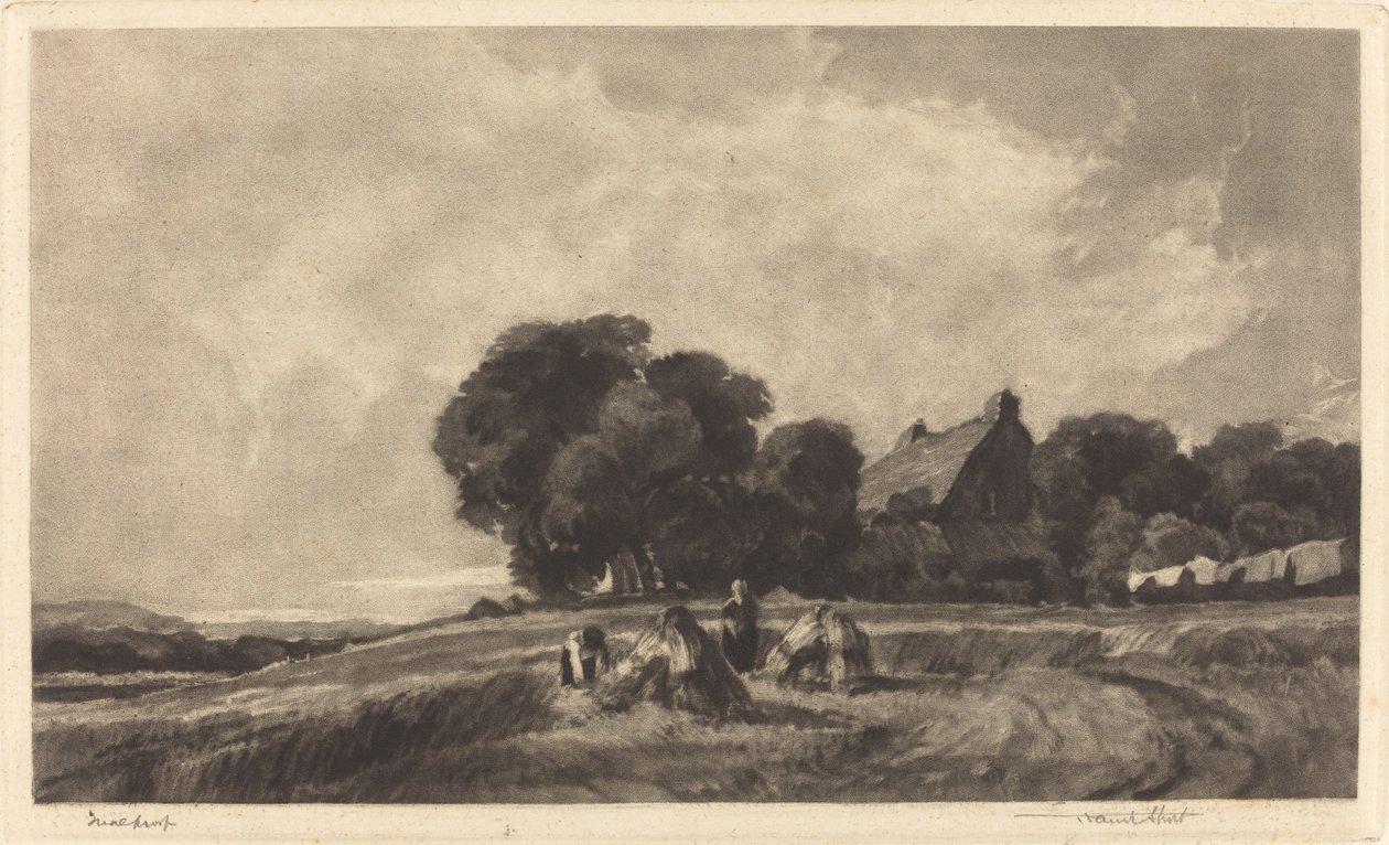 Stuga och skördare av Frank Short, after Peter De Wint