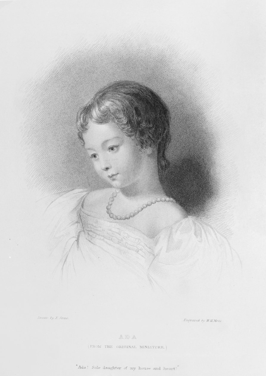 Porträtt av Augusta Ada Byron (1815-52) graverad av W. H. Mote (fl.1842-64) av Frank Stone