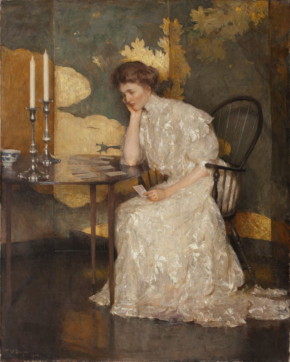Flicka som leker med Solitaire (olja på duk) av Frank Weston Benson