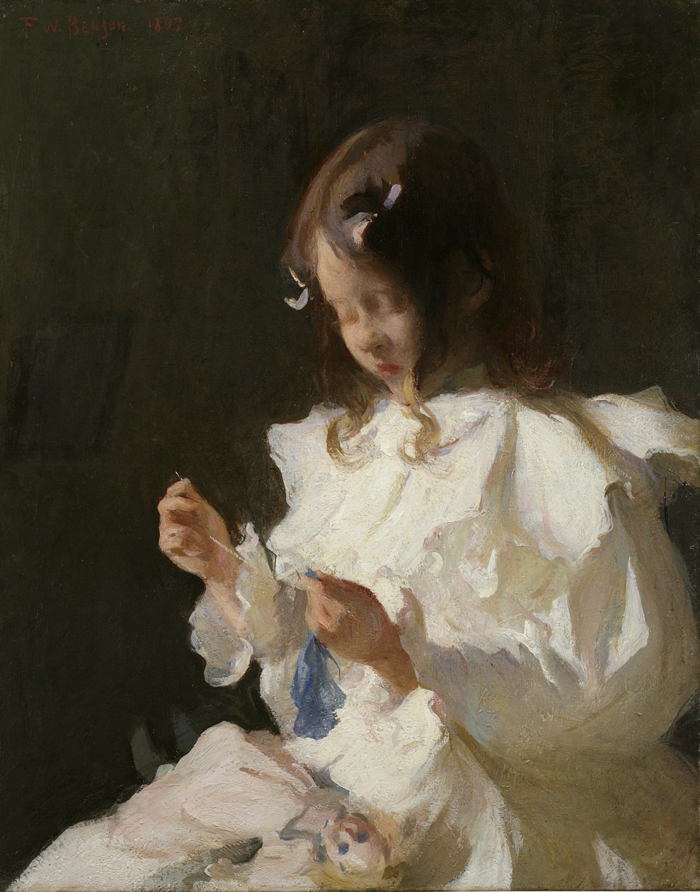 Porträtt av ett barn som syr av Frank Weston Benson
