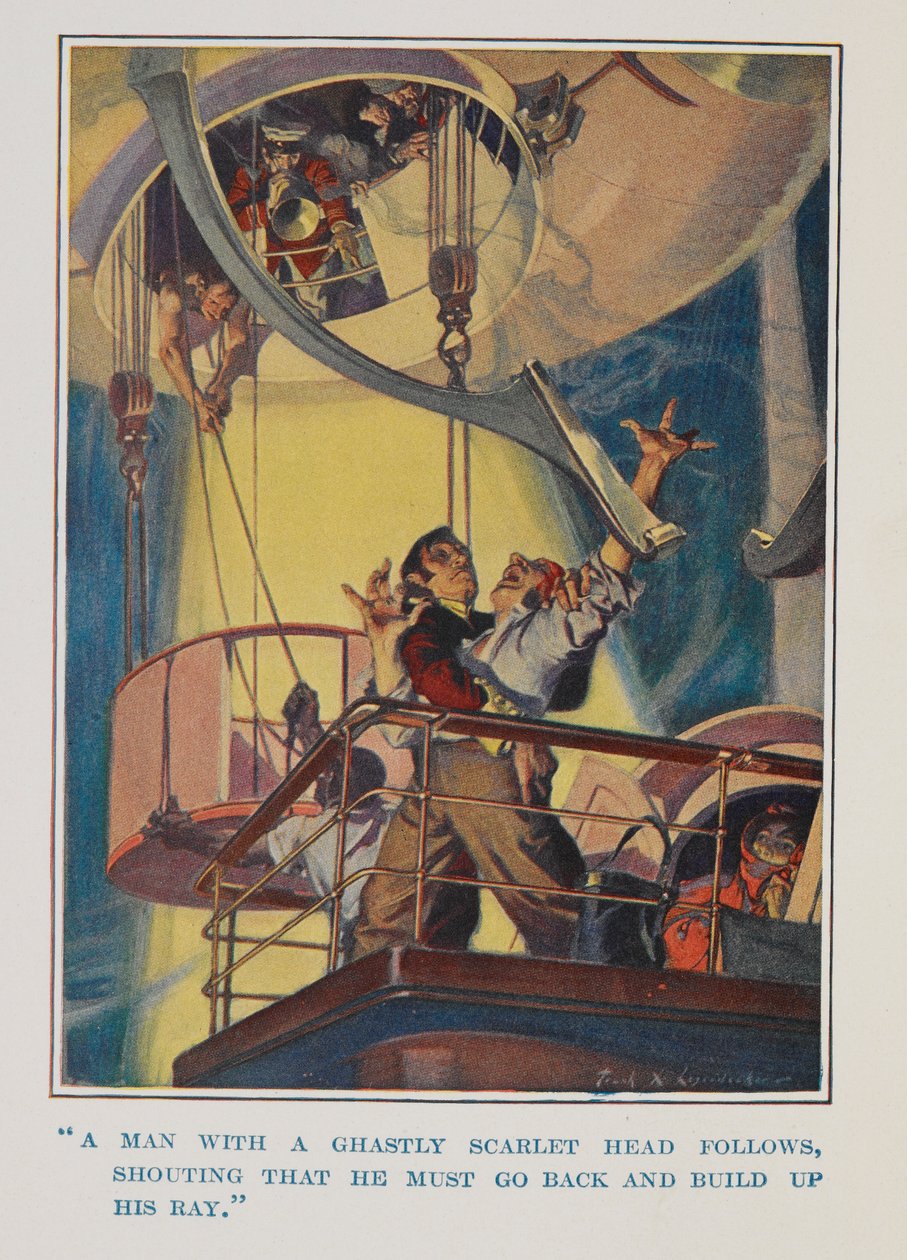 "En man med ett hemskt huvud följer efter och ropar att han måste gå tillbaka och bygga upp sin stråle" av Frank Xavier Leyendecker