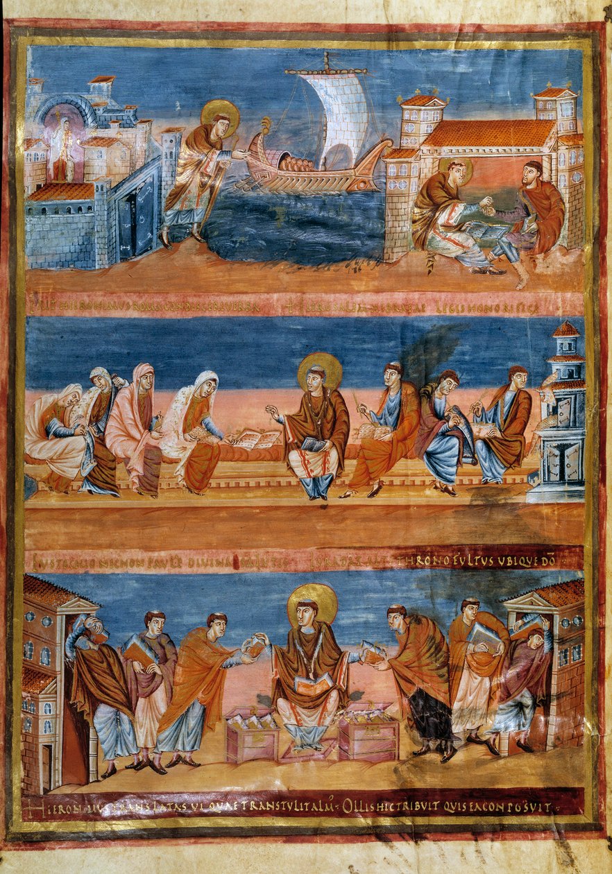 Den helige Hieronymus lämnar Rom och betalar sin lärare i Jerusalem (överst), arbetar med sina skriftlärda (mitten) och distribuerar Vulgata (nederst). Miniatyr i "" Första Bibeln av Karl den skallige, även känd som Bibeln om Vivien"" (Folio 3v), 845-846.  av Frankish School