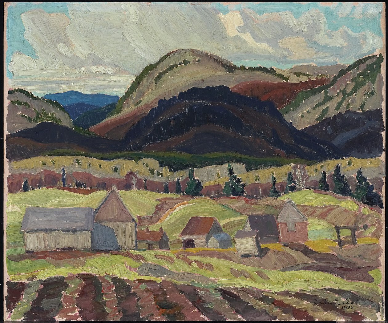 Gårdsbyggnader, La Cloche, 1932 (olja på laminerad kartong) av Franklin Carmichael