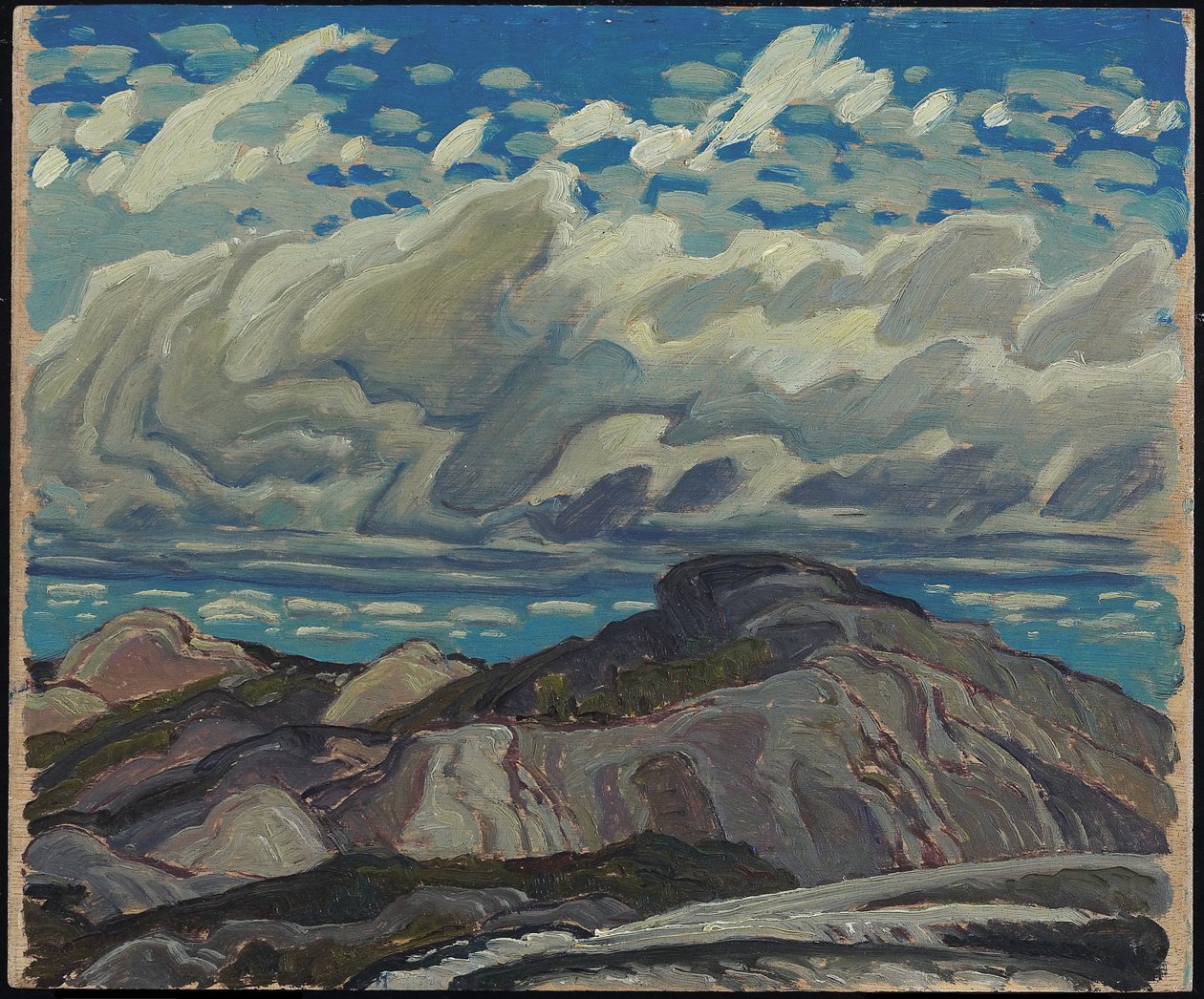 oktober, Cranberry Hills, 1943 (olja på plywoodpanel) av Franklin Carmichael
