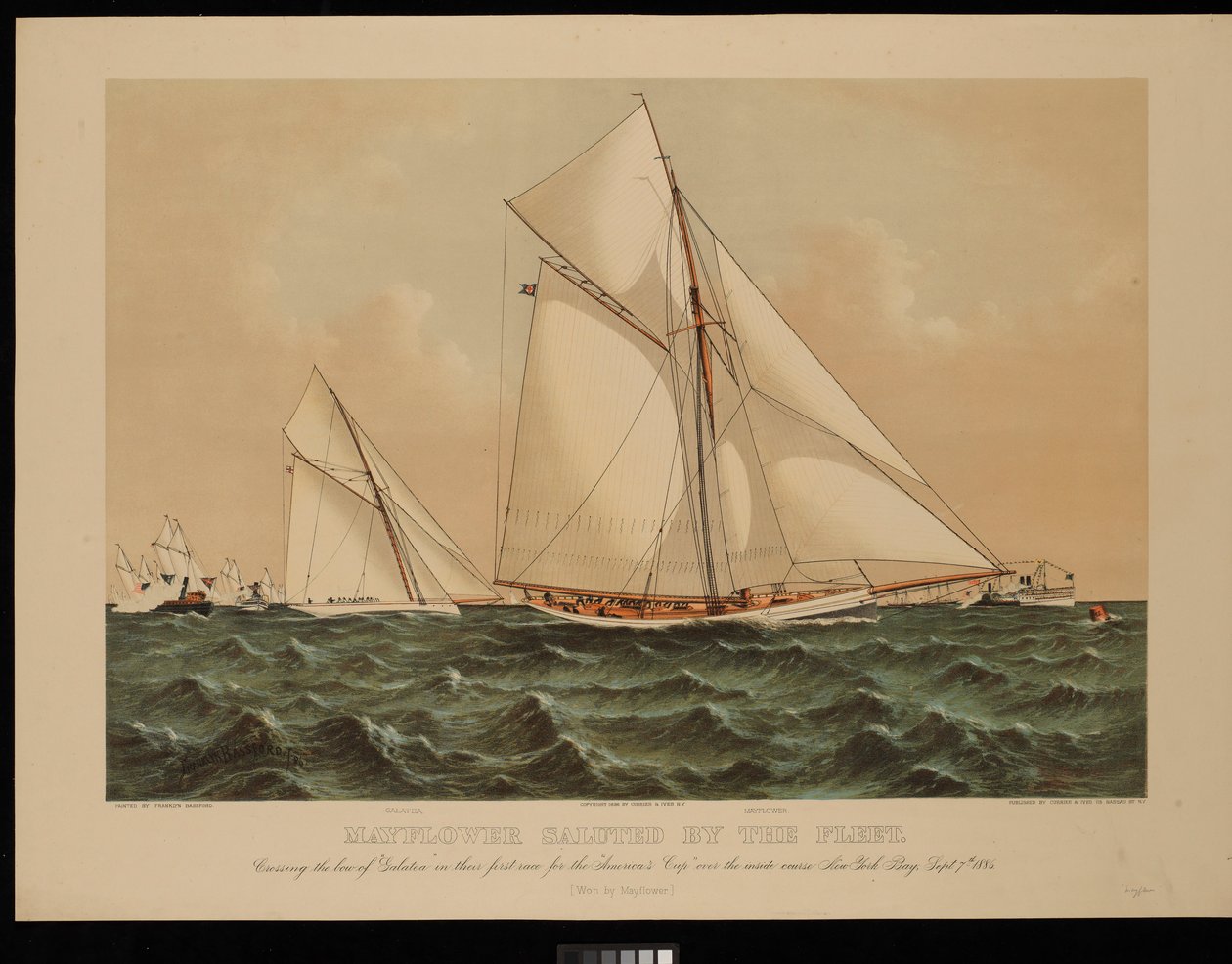 Mayflower hyllas av flottan. Korsar fören på Galatea i hennes första kappsegling om America