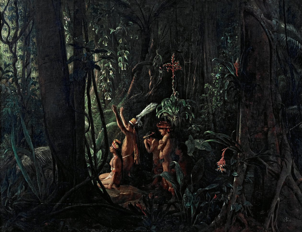 Amazonas indianer dyrkar solguden av François Auguste Biard