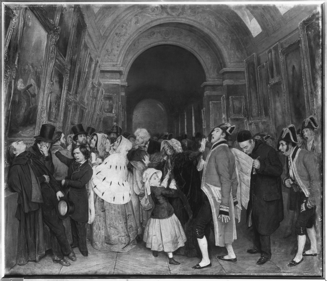Klockan fyra, även känd som avslutning av den årliga målerisalongen, delvis installerad då i det stora galleriet vid Louvren, ca 1847 av François Auguste Biard