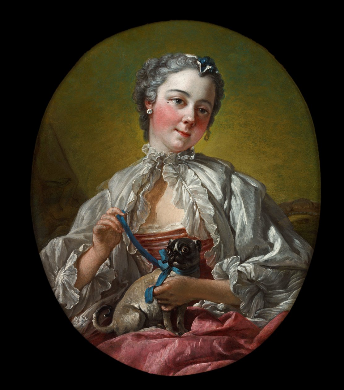 A young lady holding a pug dog av François Boucher