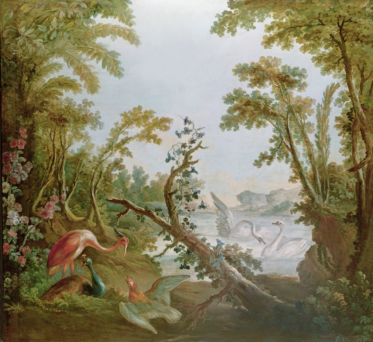 Sjön med svanar, en flamingo och olika fåglar, från Gilles Demarteau-salongen, ca 1750-65 av François Boucher
