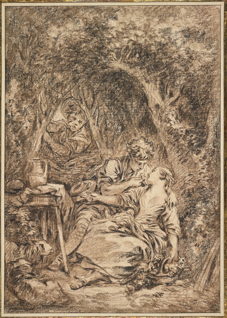 Lovers Surprised (Annette et Lubin), tidigt 1760-tal (brun och svart krita, inslag av brunt tvätt) av François Boucher