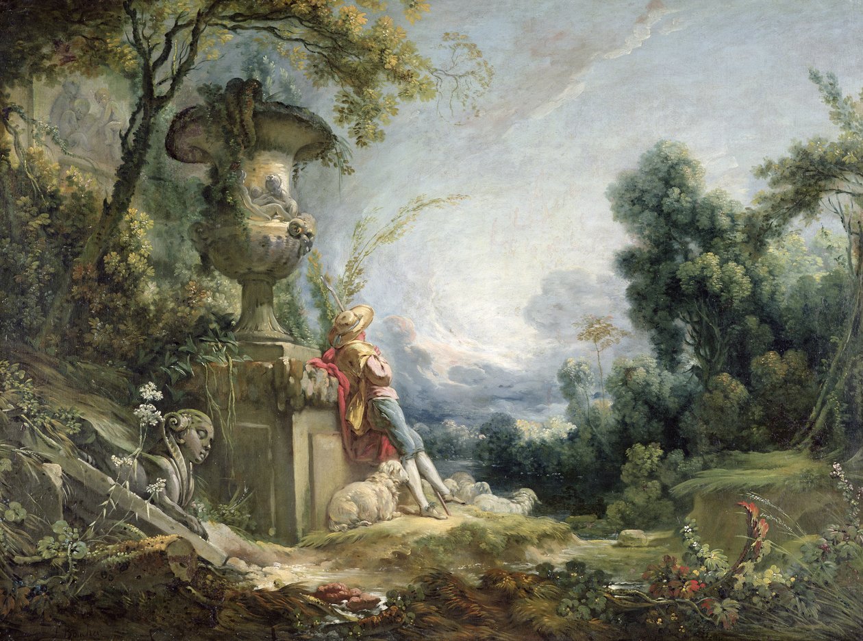 Pastoral scen, eller ung herde i ett landskap av François Boucher