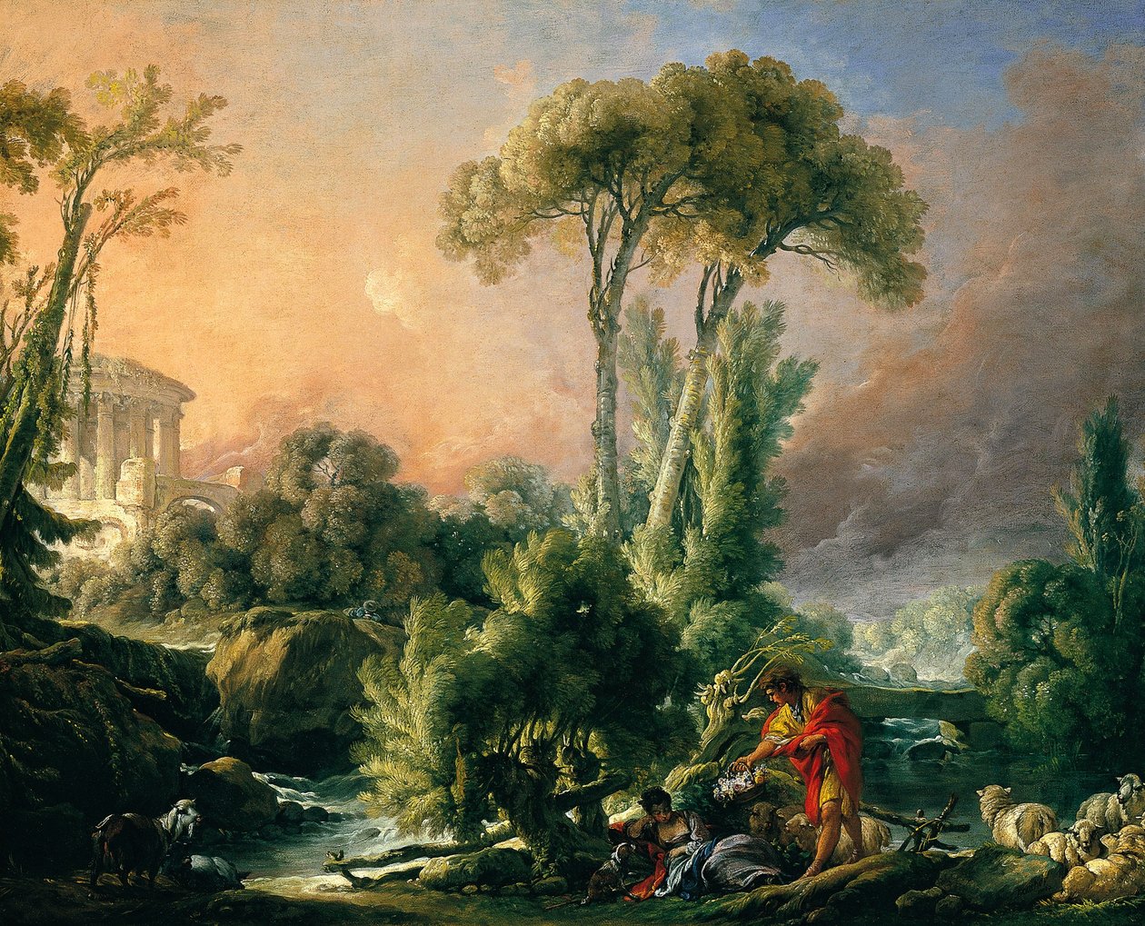 Paysage fluvial avec temple antique av François Boucher