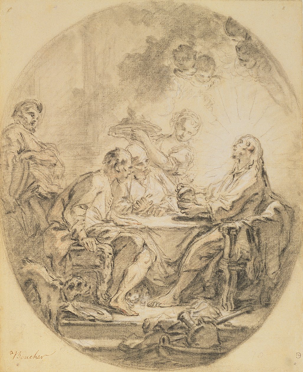 Pilgrimer i Emmaus (svartvit krita och sangvin) av François Boucher