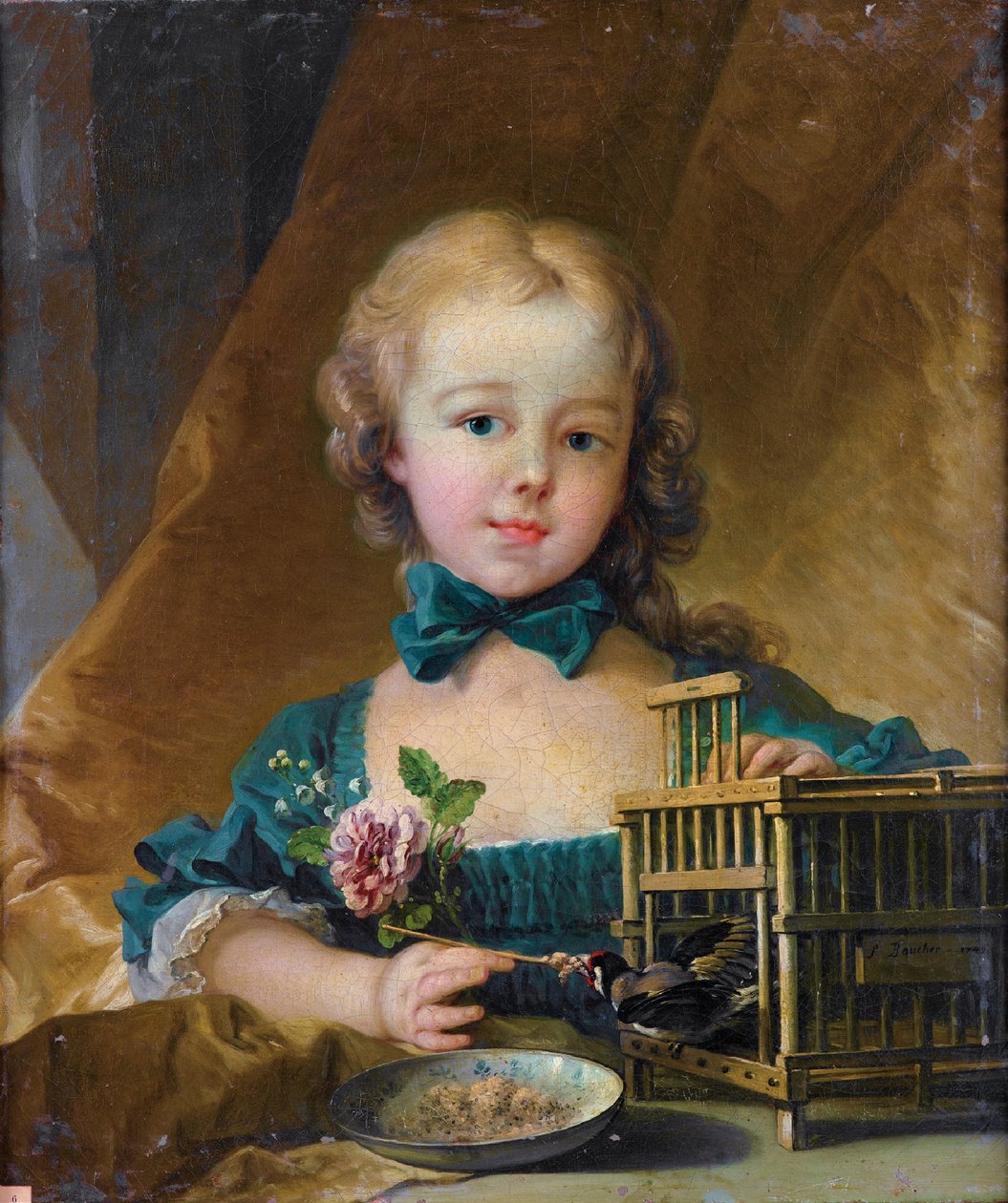 Portrait dAlexandrine Le Normant dÉtiolles jouant avec un chardonneret  av François Boucher