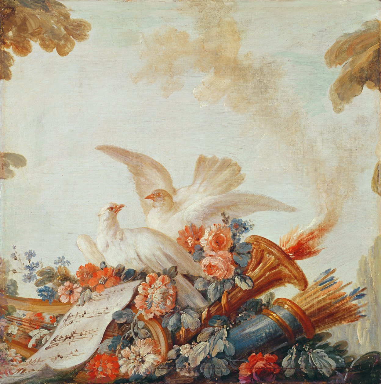 Tryckaren Gilles Demarteaus salong, ovanför dörren: duvor och notblad, ca 1750-65 av François Boucher