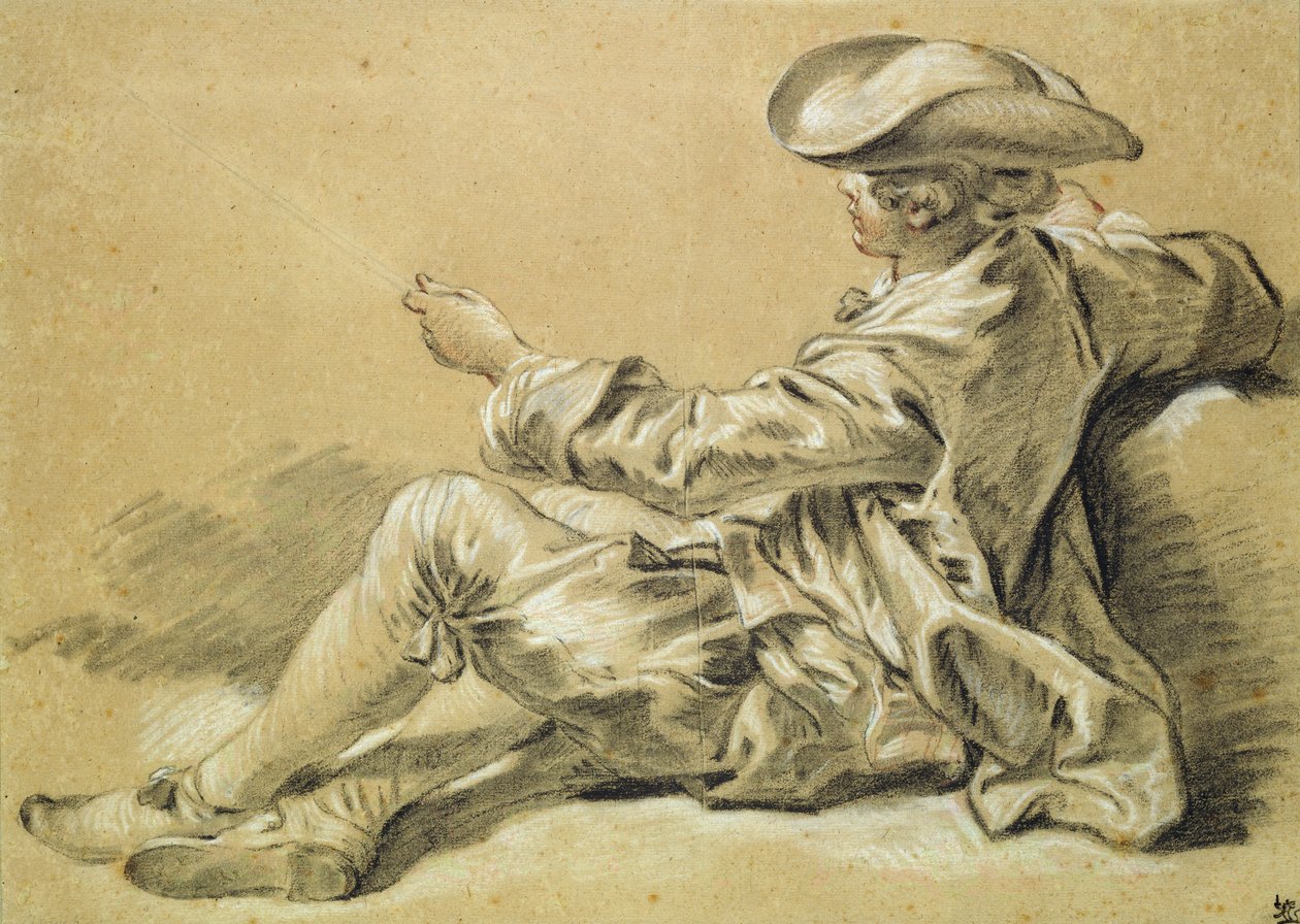 Liten pojke med ett fiskespö, 1755 (svartvit krita med röd krita på ljusbrunt papper) av François Boucher