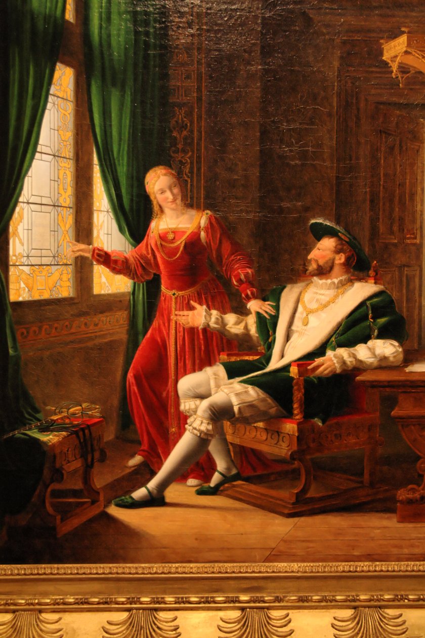 Francis I visar sin syster Marguerite de Navarre de verser han just skrivit på ett glas med sin diamant av François Fleury Richard