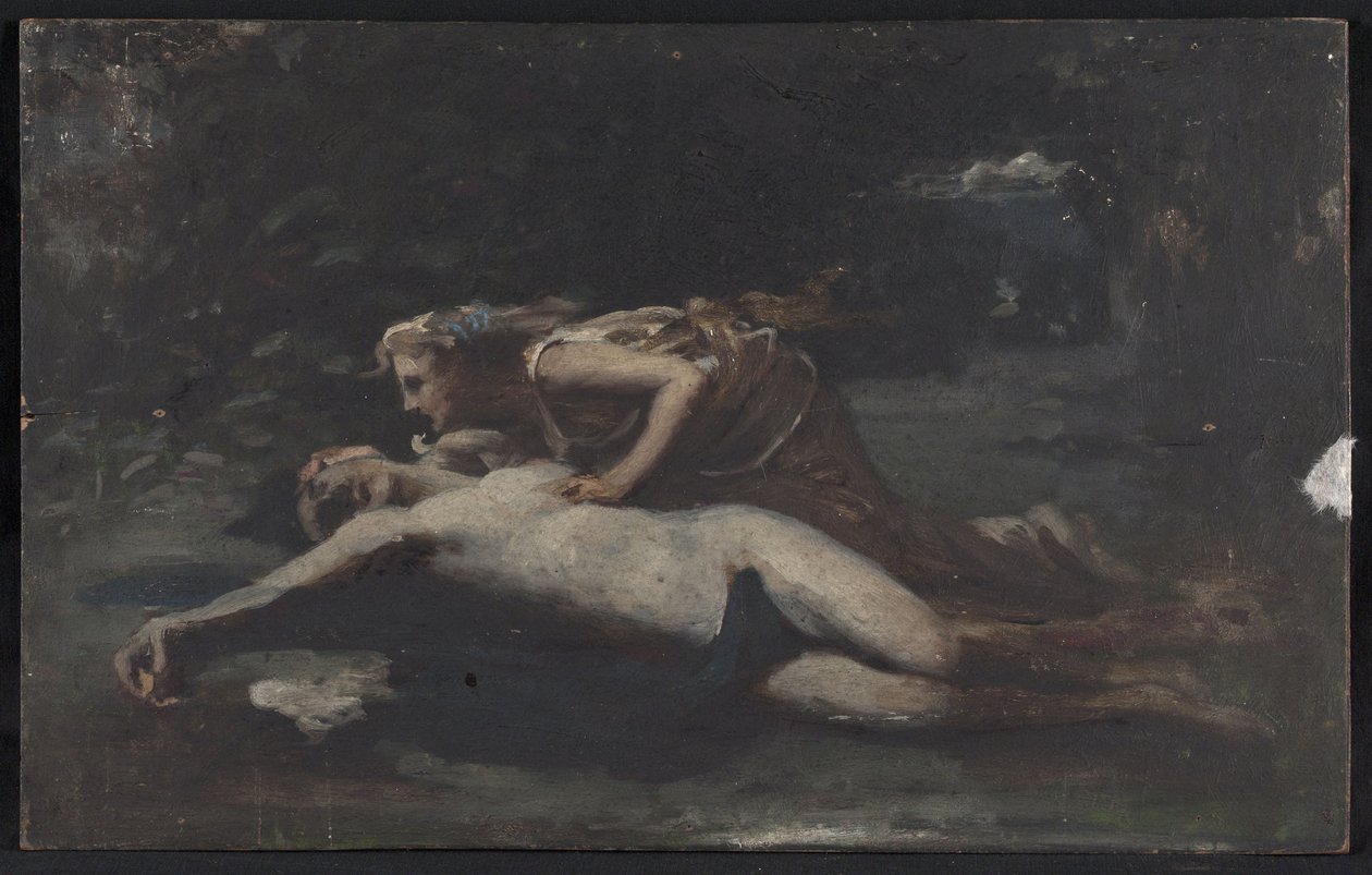 Pyramus och Thisbe, ca 1875 (olja på trä) av François Alfred Delobbe