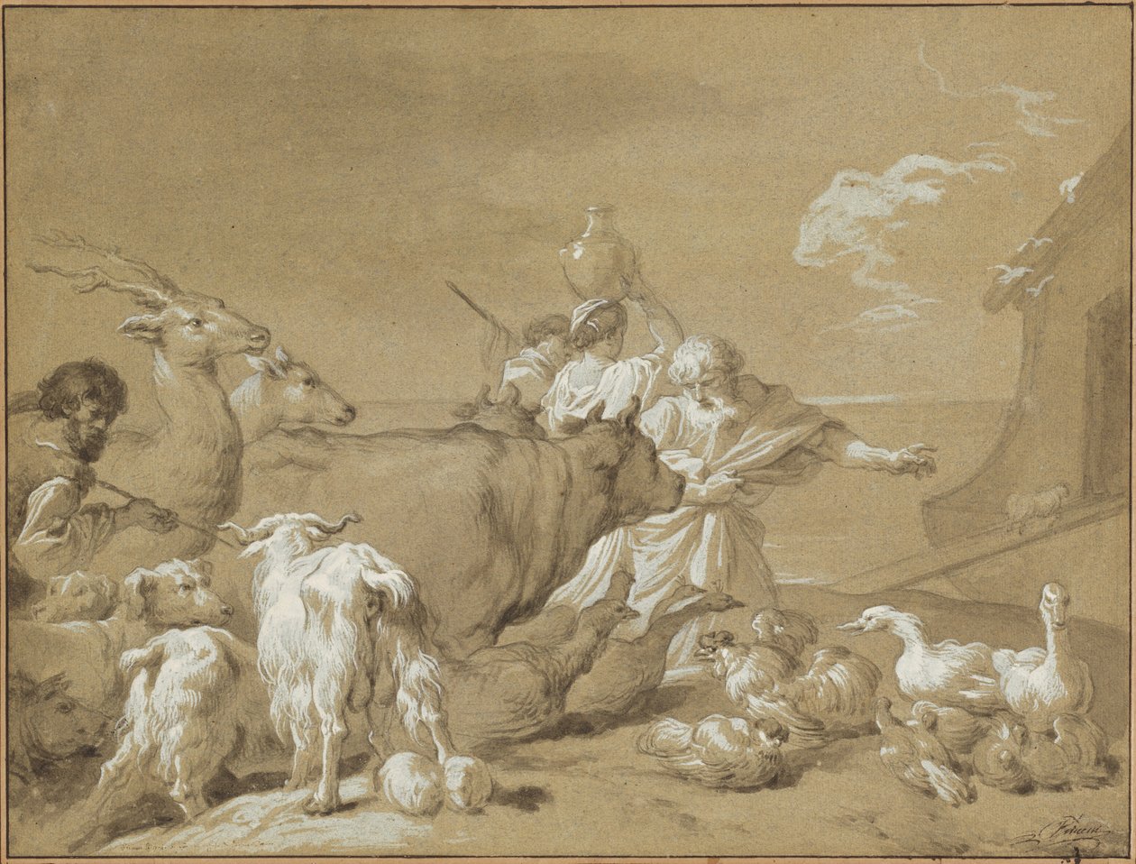 Noah som leder djuren in i arken av François André Vincent after Giovanni Benedetto Castiglione
