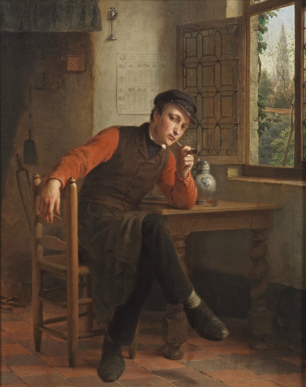 François Antoine De Bruycker - Ung man som röker pipa i en salong interiört av François Antoine de Bruycker