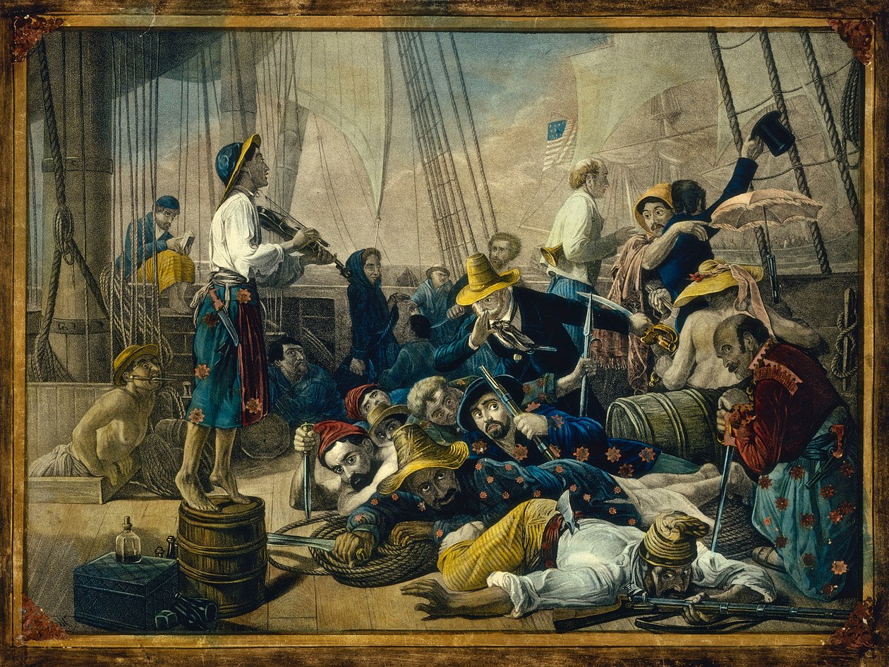 Pirater klädda i kvinnokläder försöker lura ett handelsfartyg av François Auguste Biard