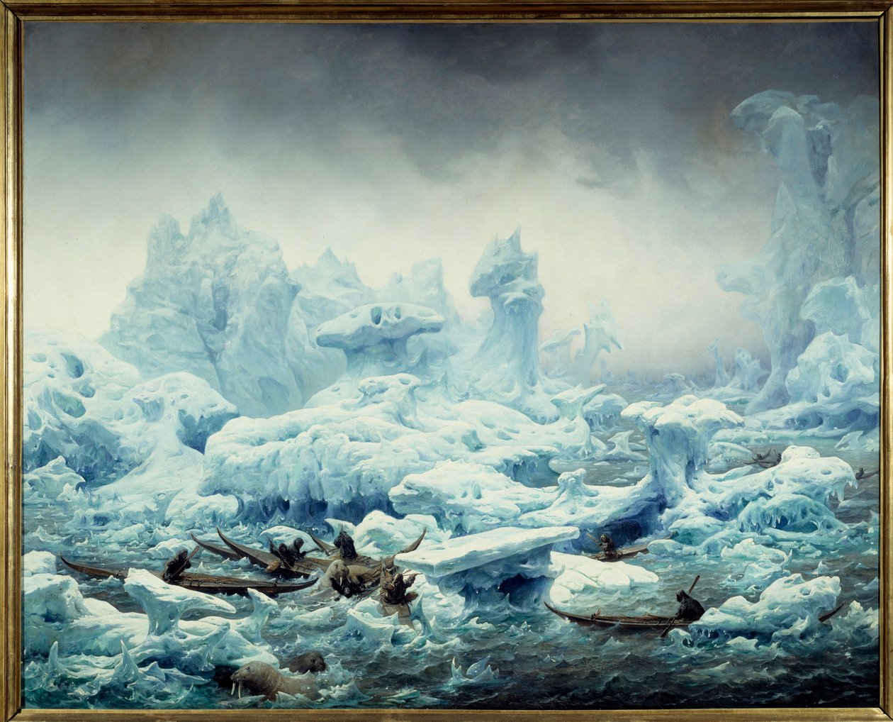 Utsikt över det isiga havet, valrossfiske av grönländarna Målning av Francois Auguste Biard (1799-1882) 1841 Sön. 1,3x1,63 m Dieppe, musee du chateau - Fiske efter valross i Ishavet. Utsikt över Polarhavet, grönländare som jagar valross. Målar av av François Auguste Biard
