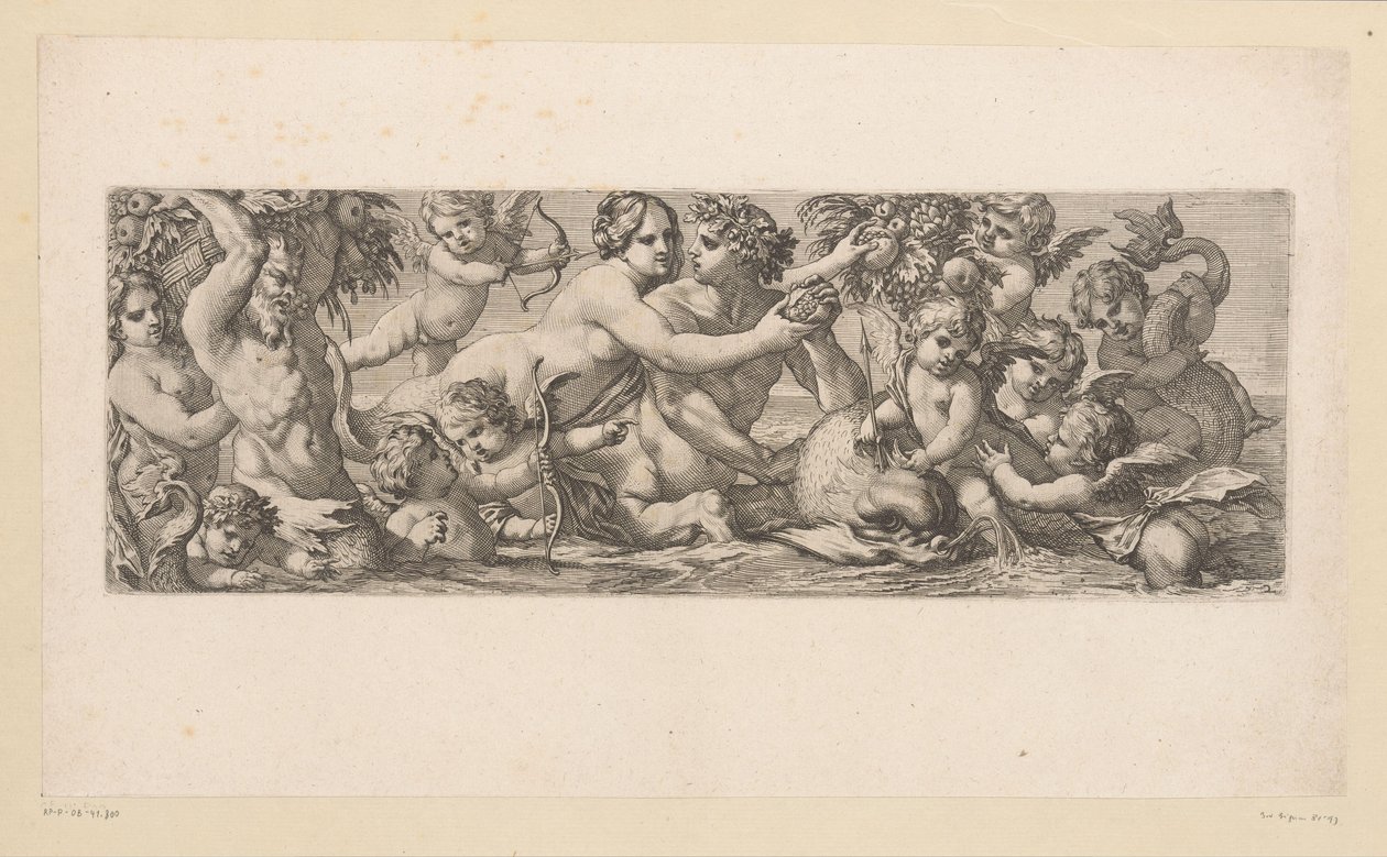 Bacchus med satyr, nereid och putti i vattnet Mytologiska figurer vid vattnet (serietitel) av François Bignon (attributed to)