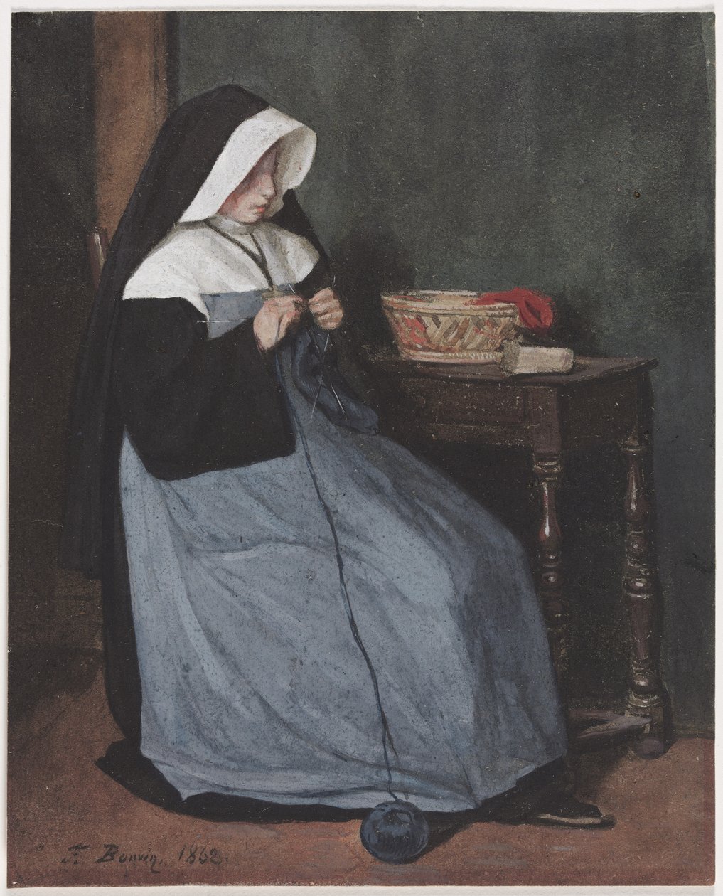 En nunna sitter vid ett bord och stickar, 1862. av François Bonvin