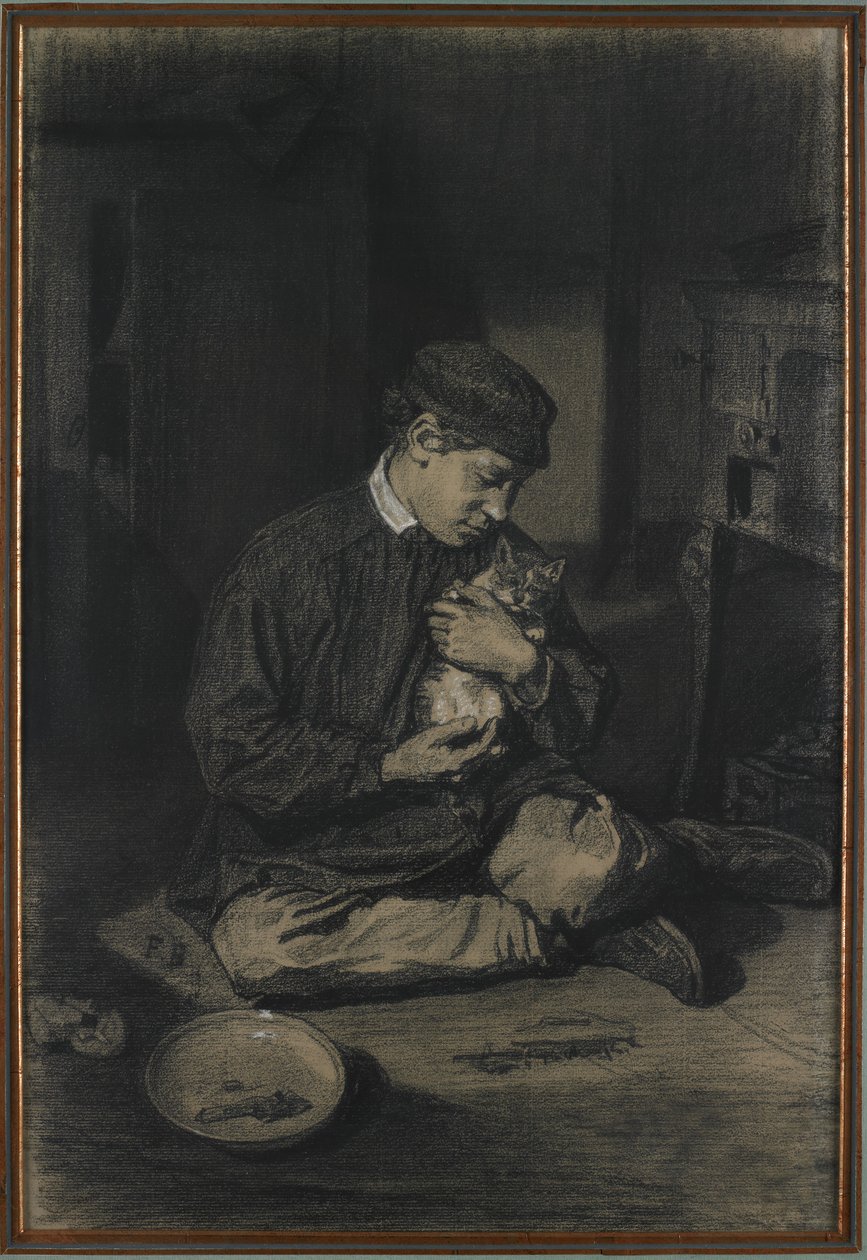 Sittande pojke som håller en katt (rekto); studie av kattungar och en tallrik med mjölk (verso), ca 1874-80 (svart krita förstärkt med vit krita på offwhite papper) av François Bonvin
