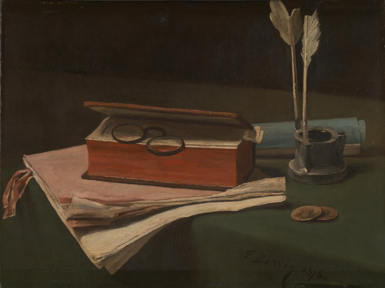 Stilleben med bok, papper och bläckhus, 1876 av François Bonvin