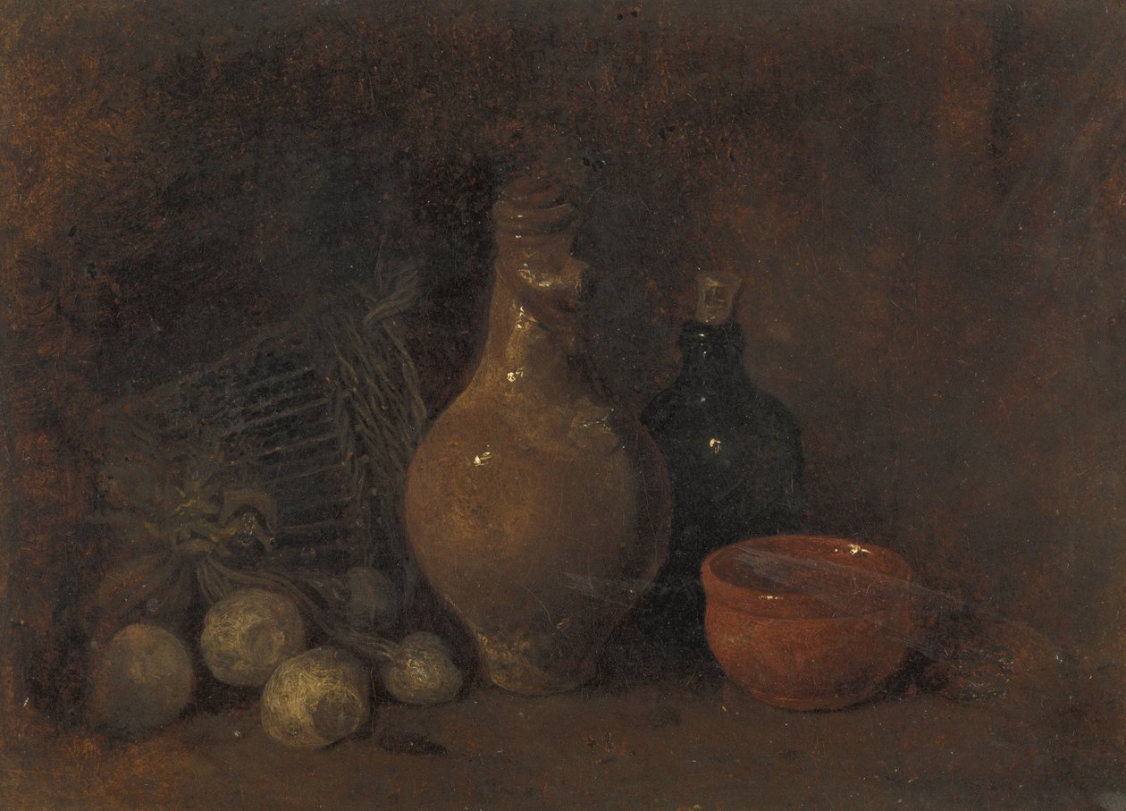 Stilleben med fyra frukter, glas och keramik av François Bonvin