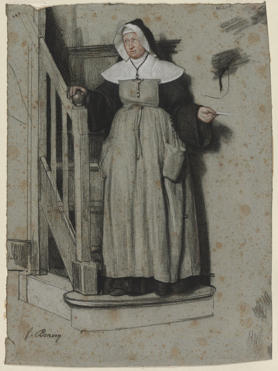 Antagningsbrevet, inre av ett kloster, ca. 1867. av François Bonvin
