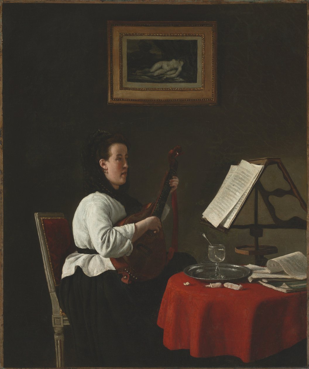 Ung kvinna med mandolin, Porträtt av Louison Köhler, ca. 1873-1874. av François Bonvin