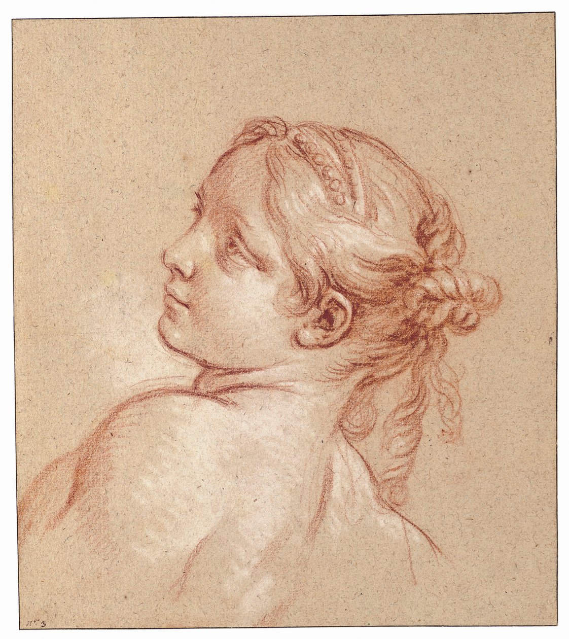 En flicka, bystlång, med huvudet lutat åt vänster av François Boucher