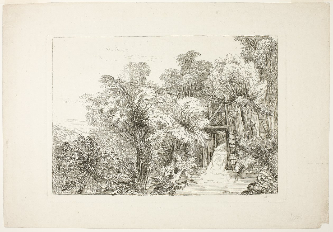 Ett kvarnslott i mitten av pilar, plansch 97 från figurer av olika karaktärer, landskap och studier hämtade från naturen av François Boucher