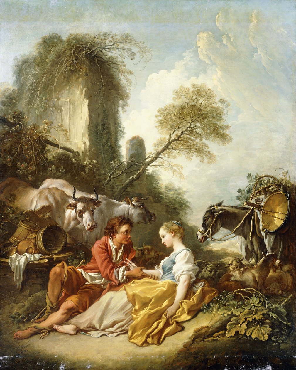 Ett pastoralt landskap med en herde och herdinna som sitter vid ruiner, av François Boucher