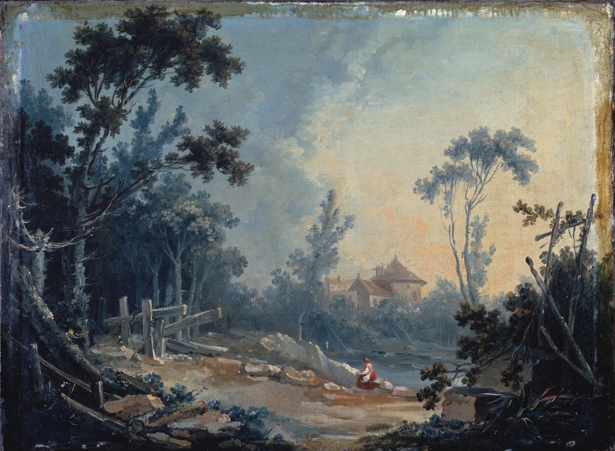 Ett skogslandskap med byggnader i fjärran av François Boucher